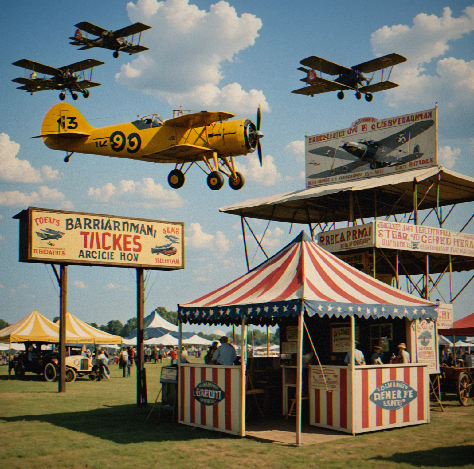 Vintage ticket booth and canvas tents at a barnstorming carnival. Hand-painted signs advertise the air show attractions.