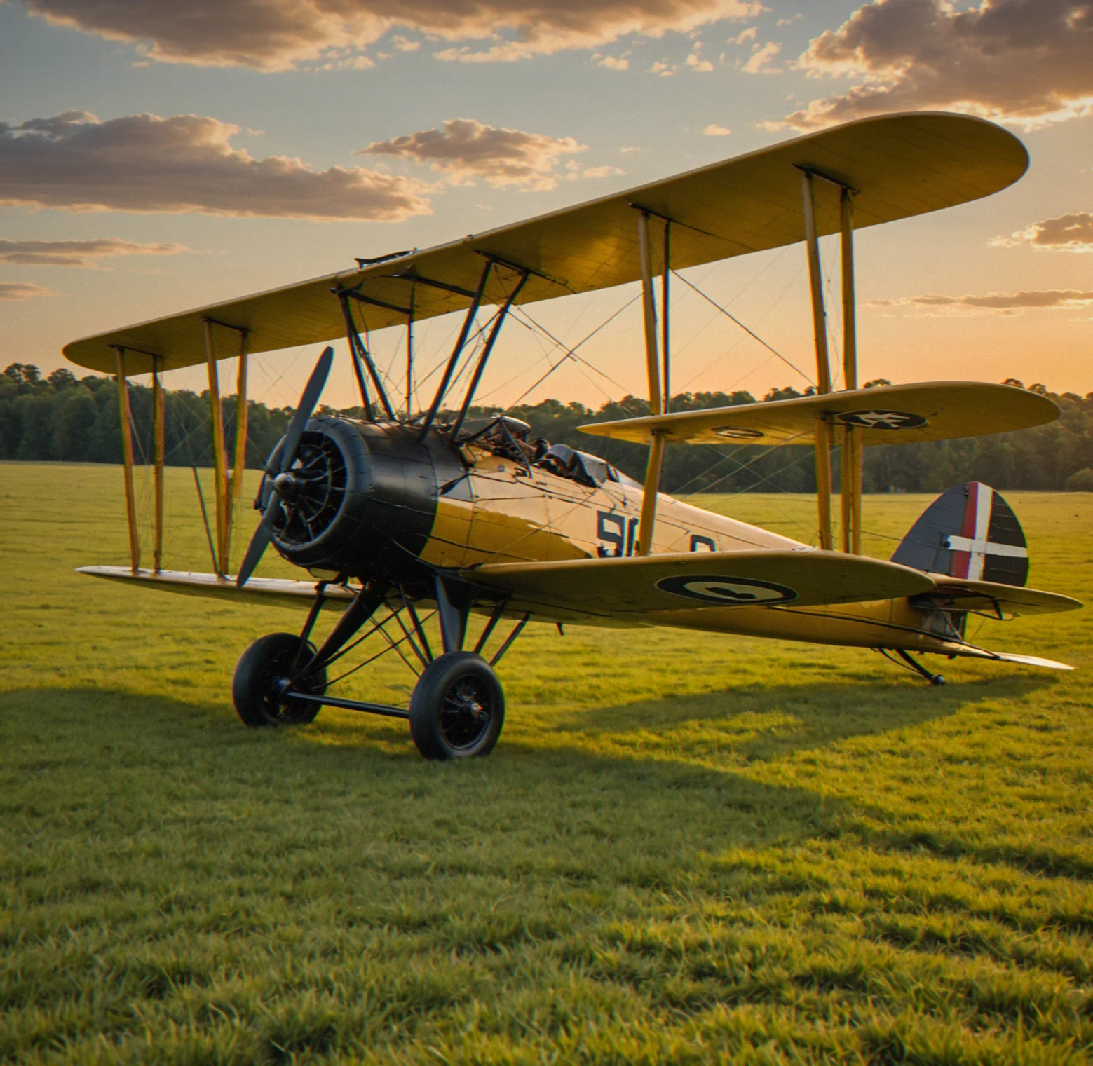 Curtiss JN-4 Jenny biplane sitting on a grass field. You can see the wheel struts and fabric wing panels pretty clearly, and the nose is dipped down.