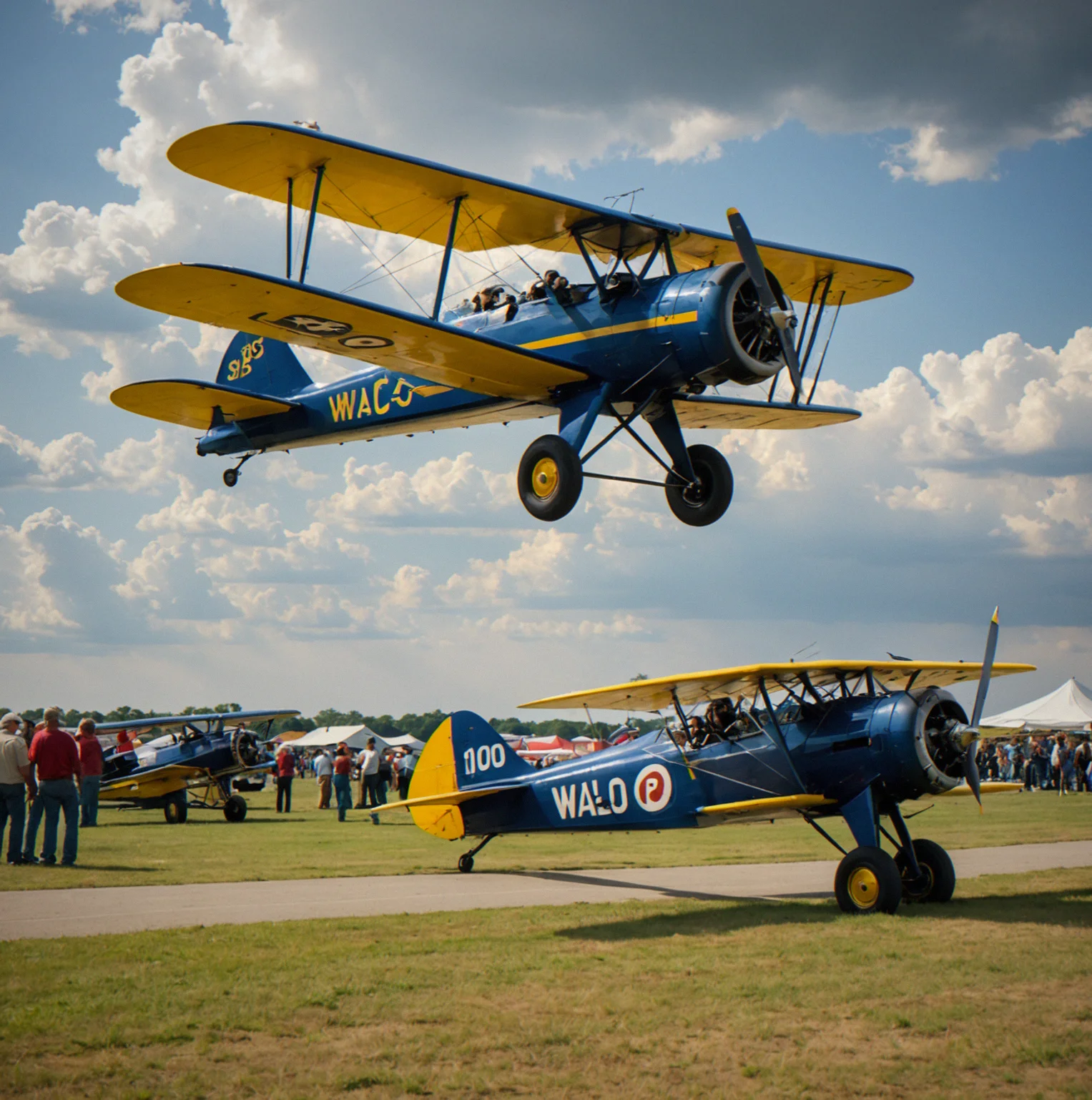 Waco 10 biplane on the tarmac with sponsor paint all over it. There's a crowd in the background at what looks like a county fair.