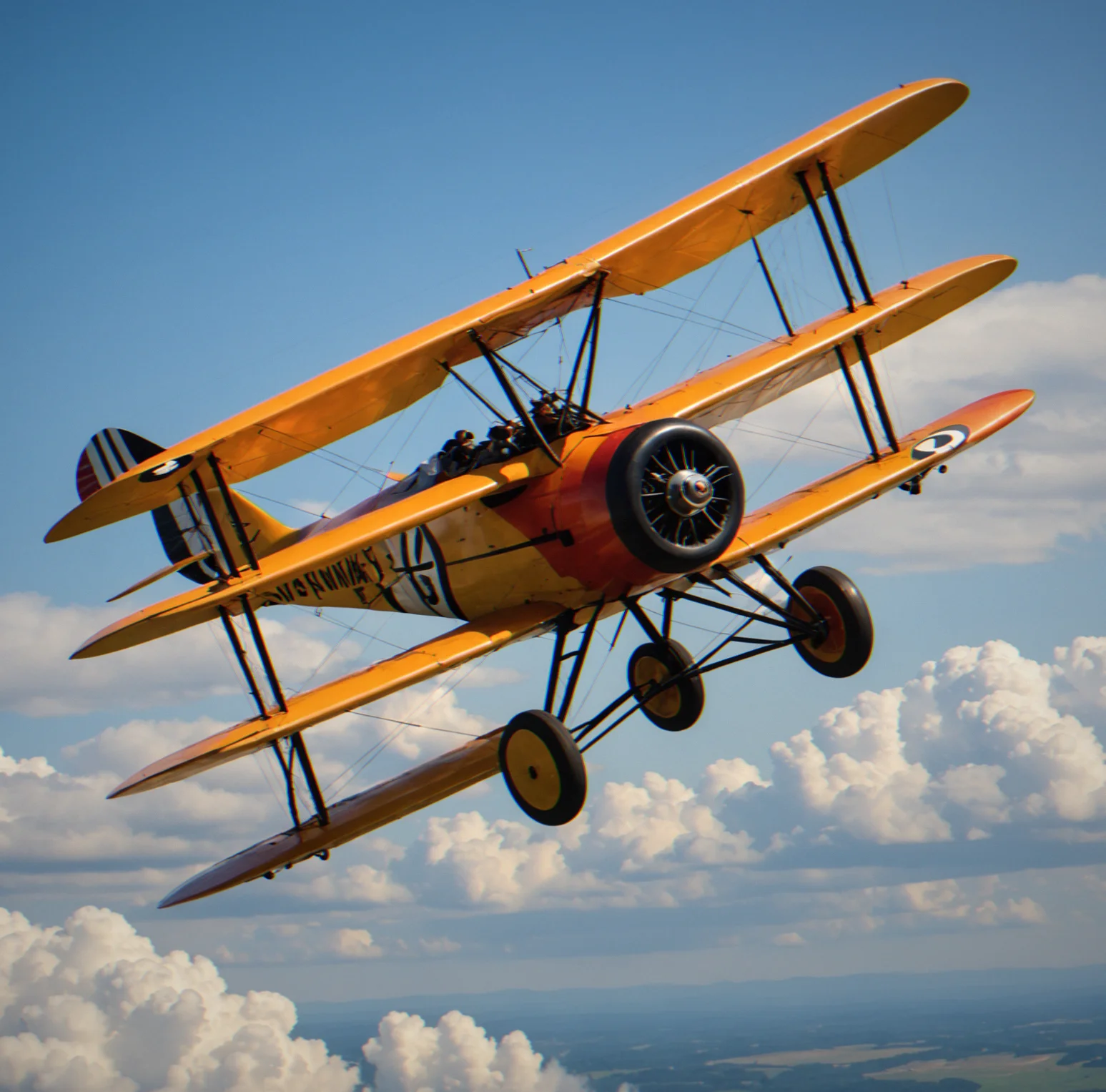 Wing-walker balanced on the upper wing of a biplane in flight with arms spread out for balance. Bright sky behind them.
