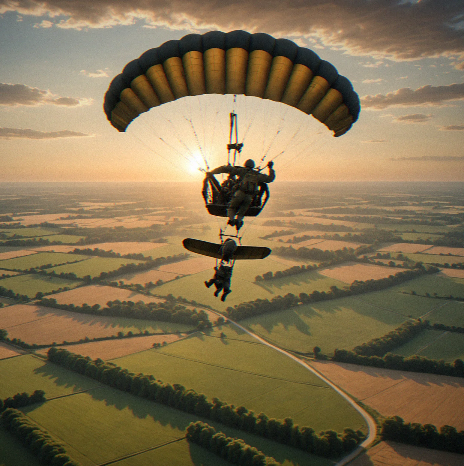 Parachutist descending toward a rural landscape with the chute deployed. The aircraft that dropped them is still visible above.
