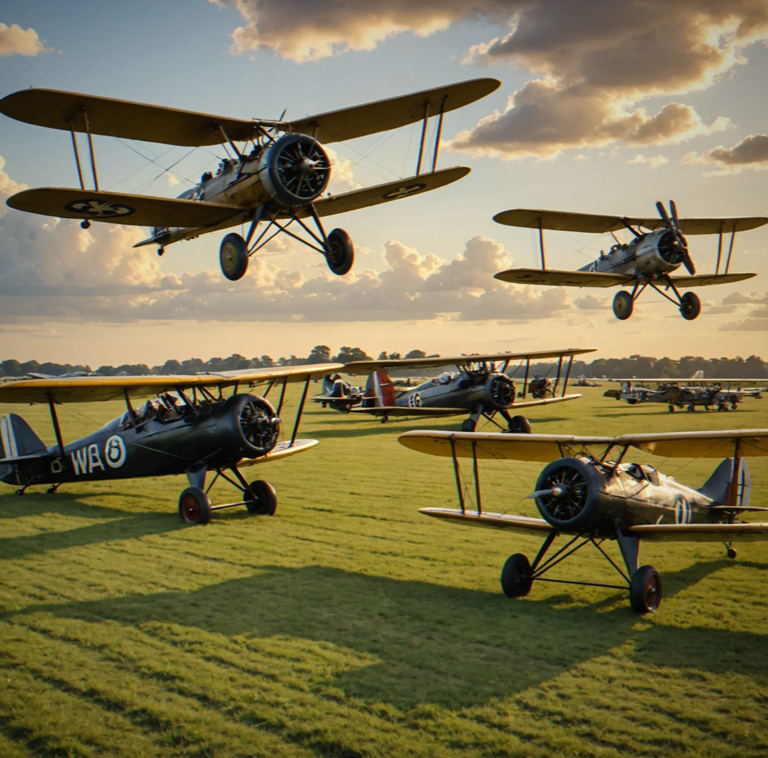 Several biplanes lined up on a grass airfield. Mechanics are working on the engines and fuel drums are stacked up nearby.