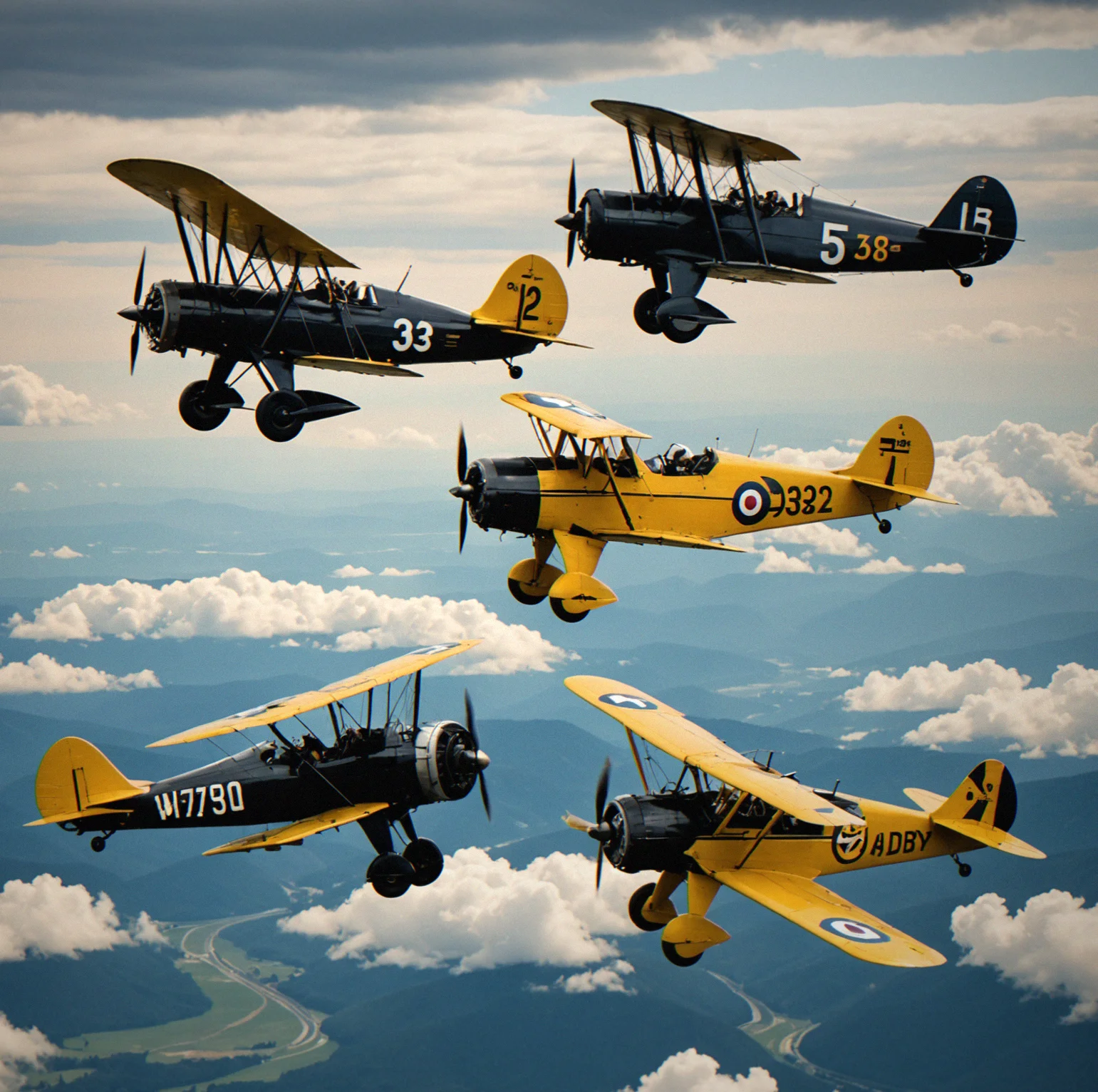 Three aircraft flying in formation for the Women's Air Derby. They're from the 1929 era with period markings and paint jobs.