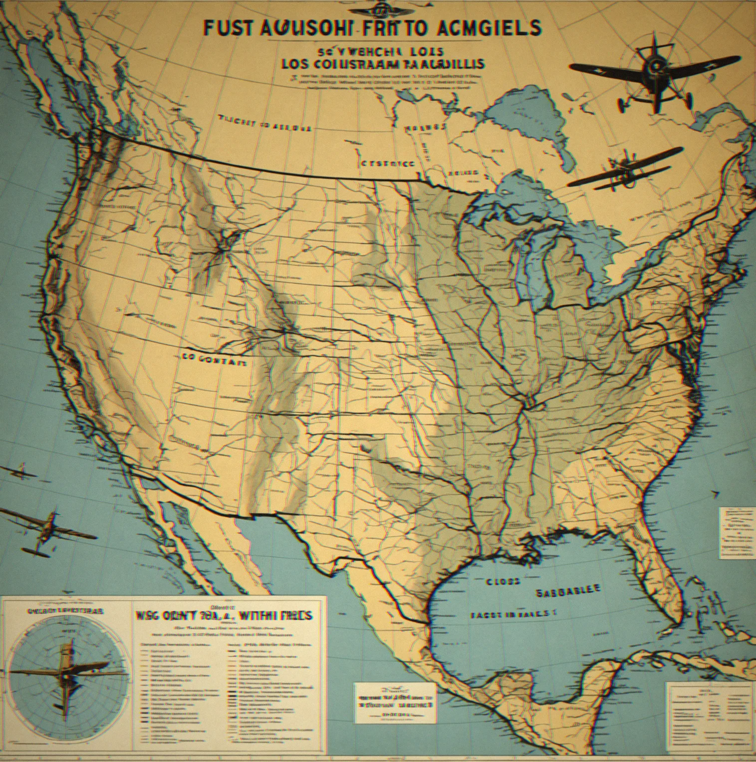 Route map showing a cross-country flight from Wichita to Los Angeles with counyt fair stops marked along the way and distances noted.