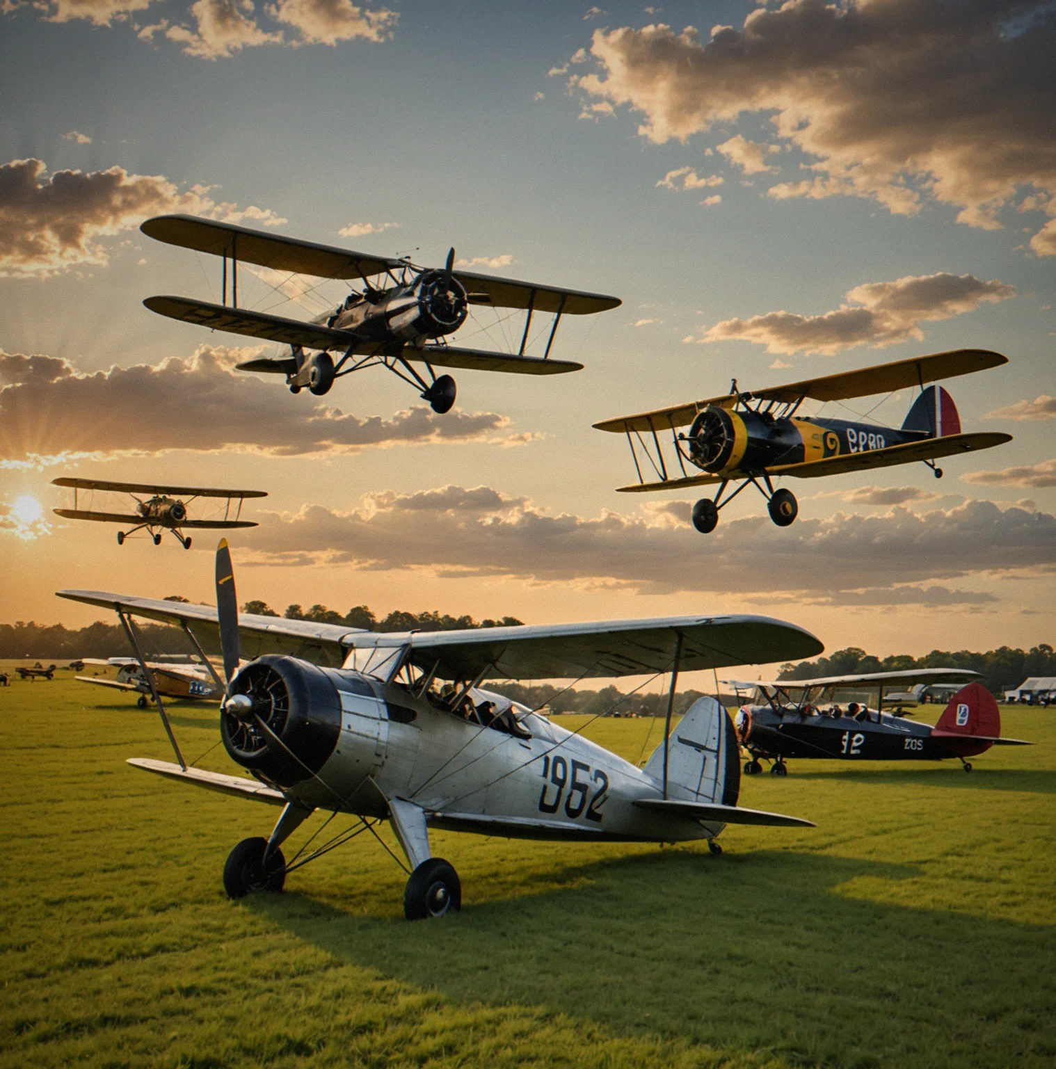 Several old planes parked on grass with canvas tents and wooden ticket booths nearby