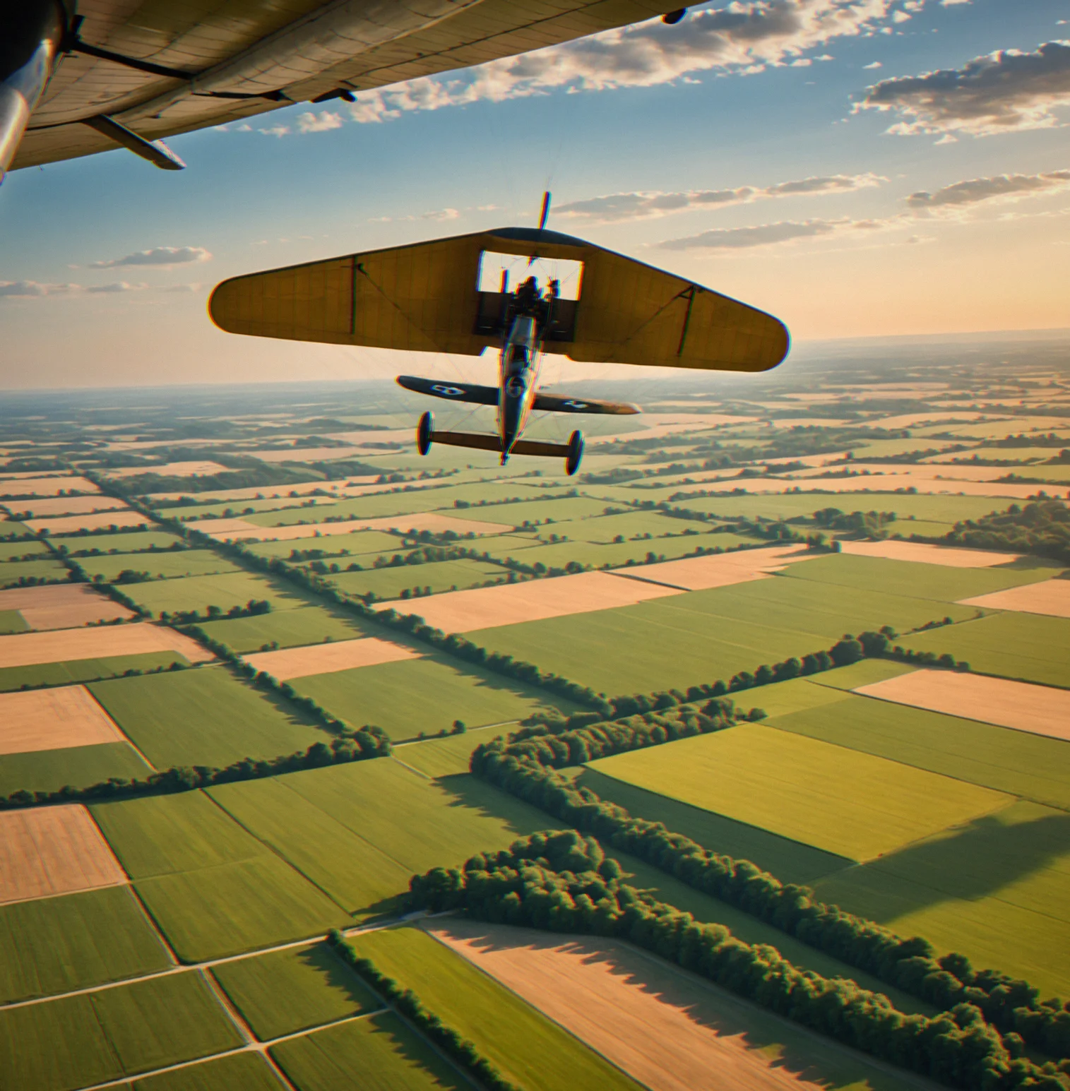 Parachutist descending under an open chute over farmland, plane still visible