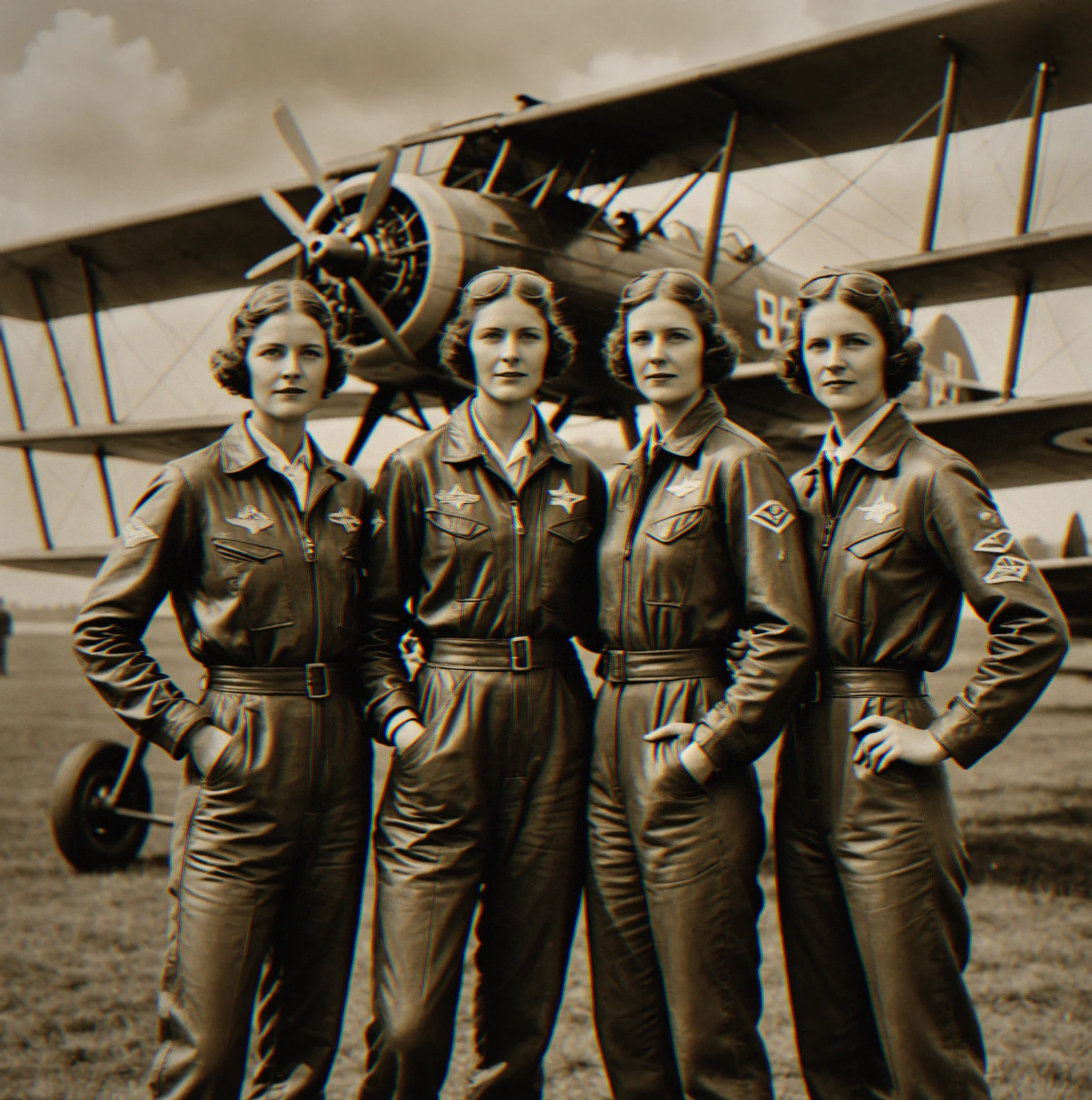 Women pilots in flight suits standing in front of a Travel Air marked for the 1929 Women's Air Derby