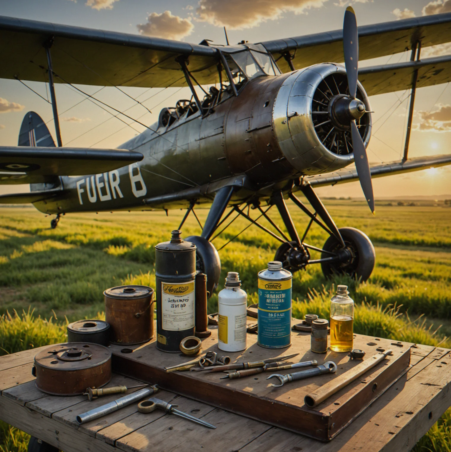 Fuel pump and tools next to a Jenny, paint worn down and oil stains on the fuselage