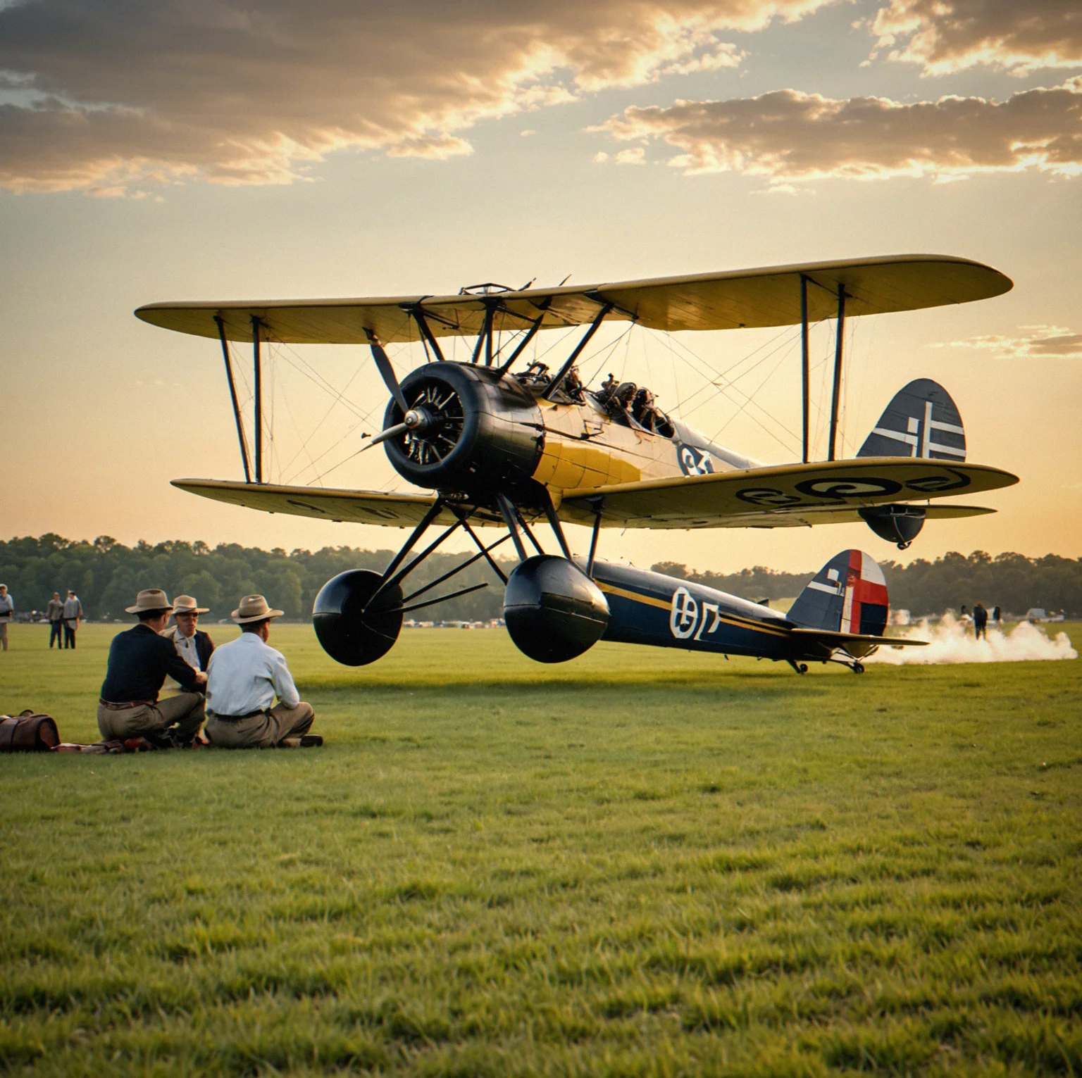 Vintage Curtiss Jenny biplane sitting on a grass field with spectators in the distance, everyone dressed in 1920s clothes